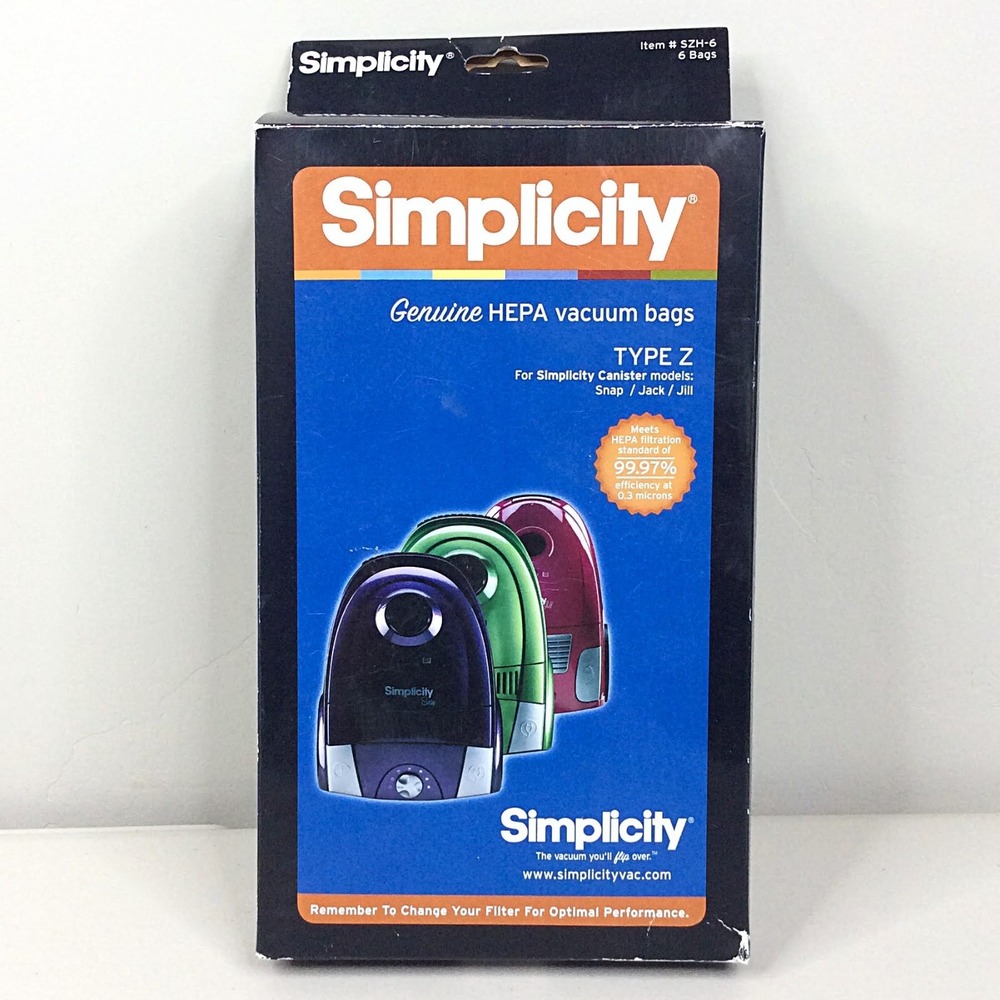 Simplicity Genuine HEPA Canister Vacuum Bags Type Z Snap Jack Jill 6 Pack SZH-6